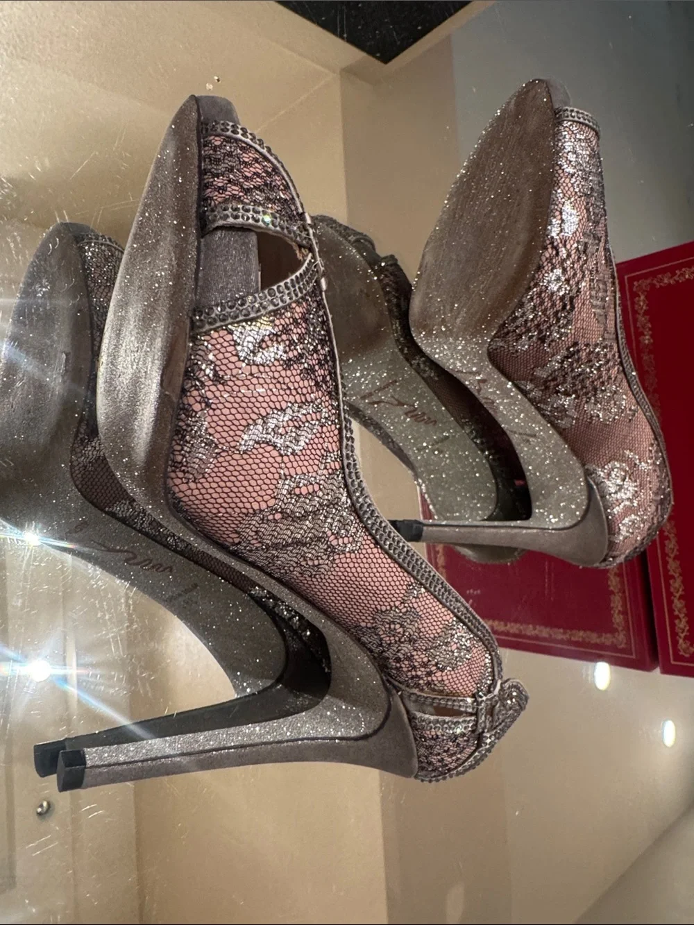 Rene Caovilla Silver Lace Crystal Peep Toe Pump